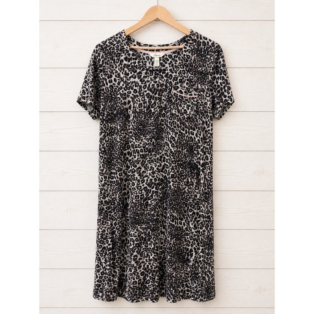 Soma Nightgown Women Medium Gray Leopard Print Short Sleeve Pocket